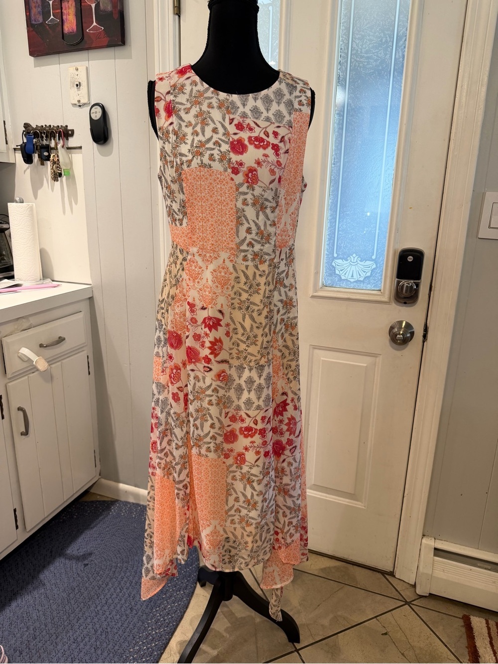 Chaps Patchwork Floral Maxi Dress in‎ Peach, Red and Creami